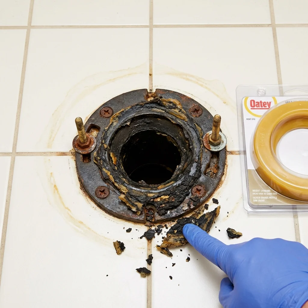Failed wax ring showing water seepage at the base of a toilet in a Grafton, OH home