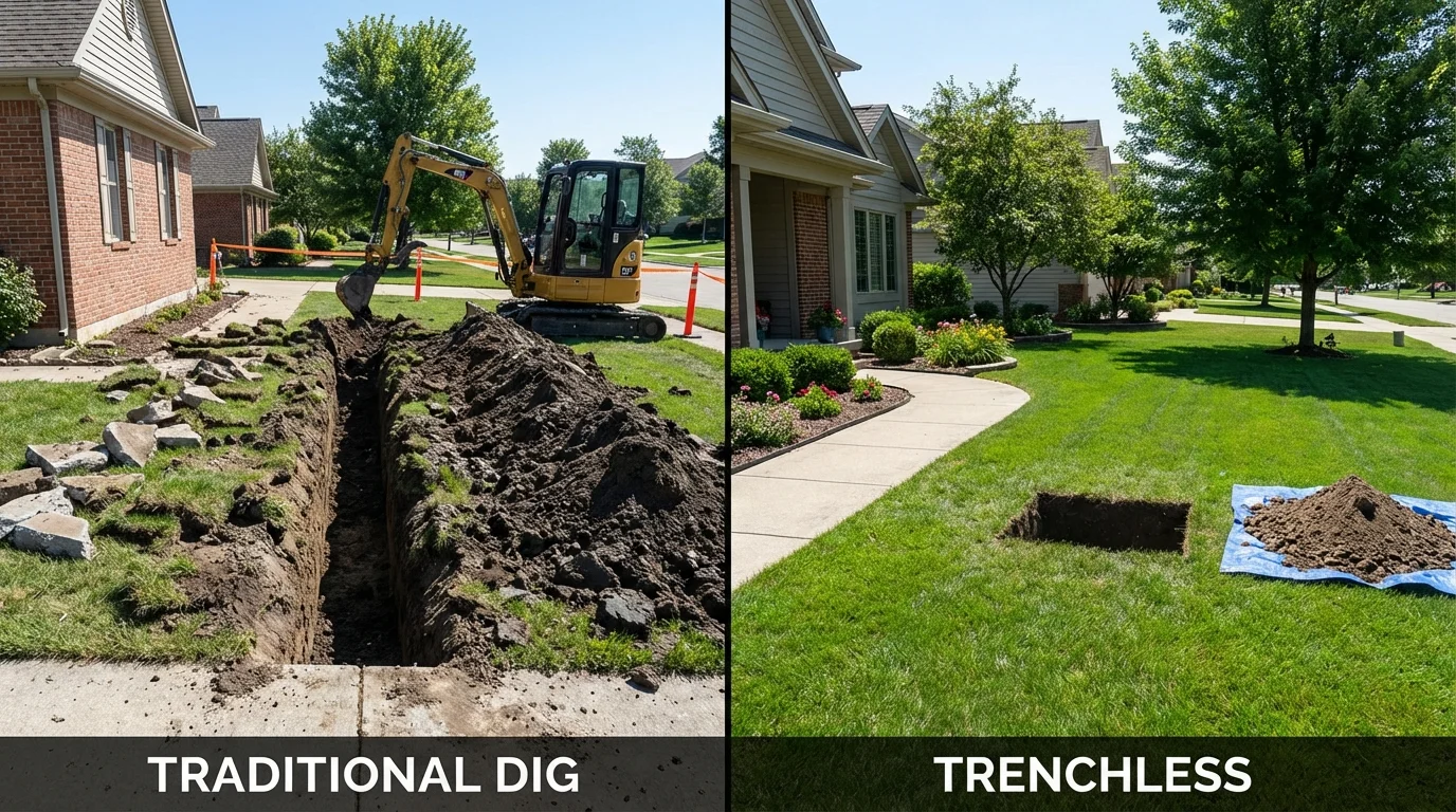 Trenchless sewer repair with minimal yard damage versus traditional excavation in Grafton, OH