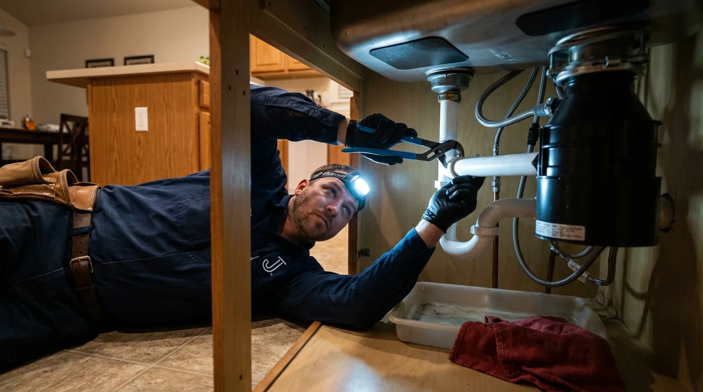 P-trap and supply line connections under a kitchen sink showing a common leak point in Grafton, OH